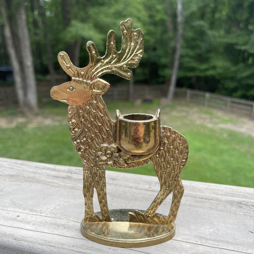 Vintage Brass Reindeer Tapered Candle Holder Dept 56 Gold Deer MCM Art Deco